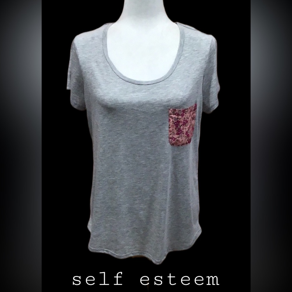 NEW self esteem Patch‎ Pocket T-Shirt, Scoop Neck, Heather Gray, Size XL